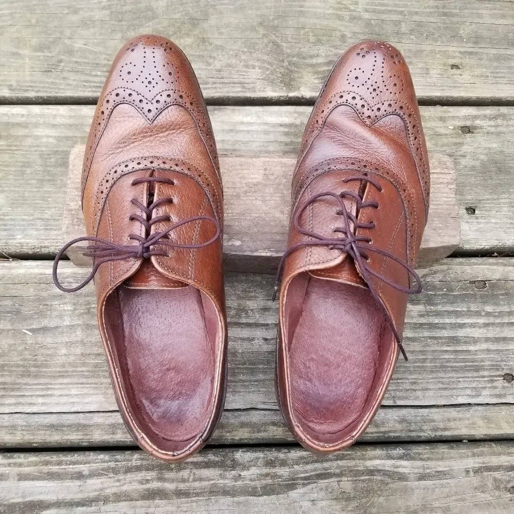 Vintage 70s Brown Leather Wingtip Brogue Vibram Sole Lace-up‎ Derby Oxfords 8